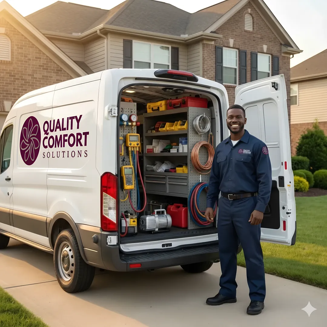 HVAC emergency service truck arriving at residential home