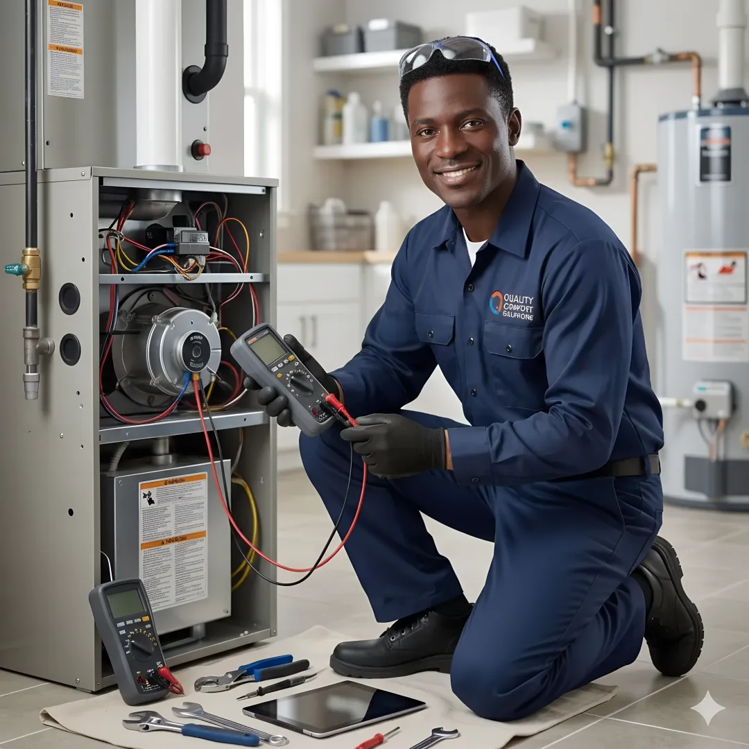 HVAC technician performing emergency system diagnostics and repair