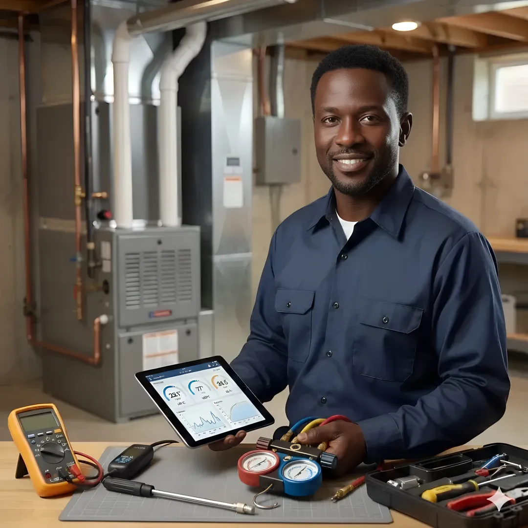 Emergency HVAC service process with technician and diagnostic equipment