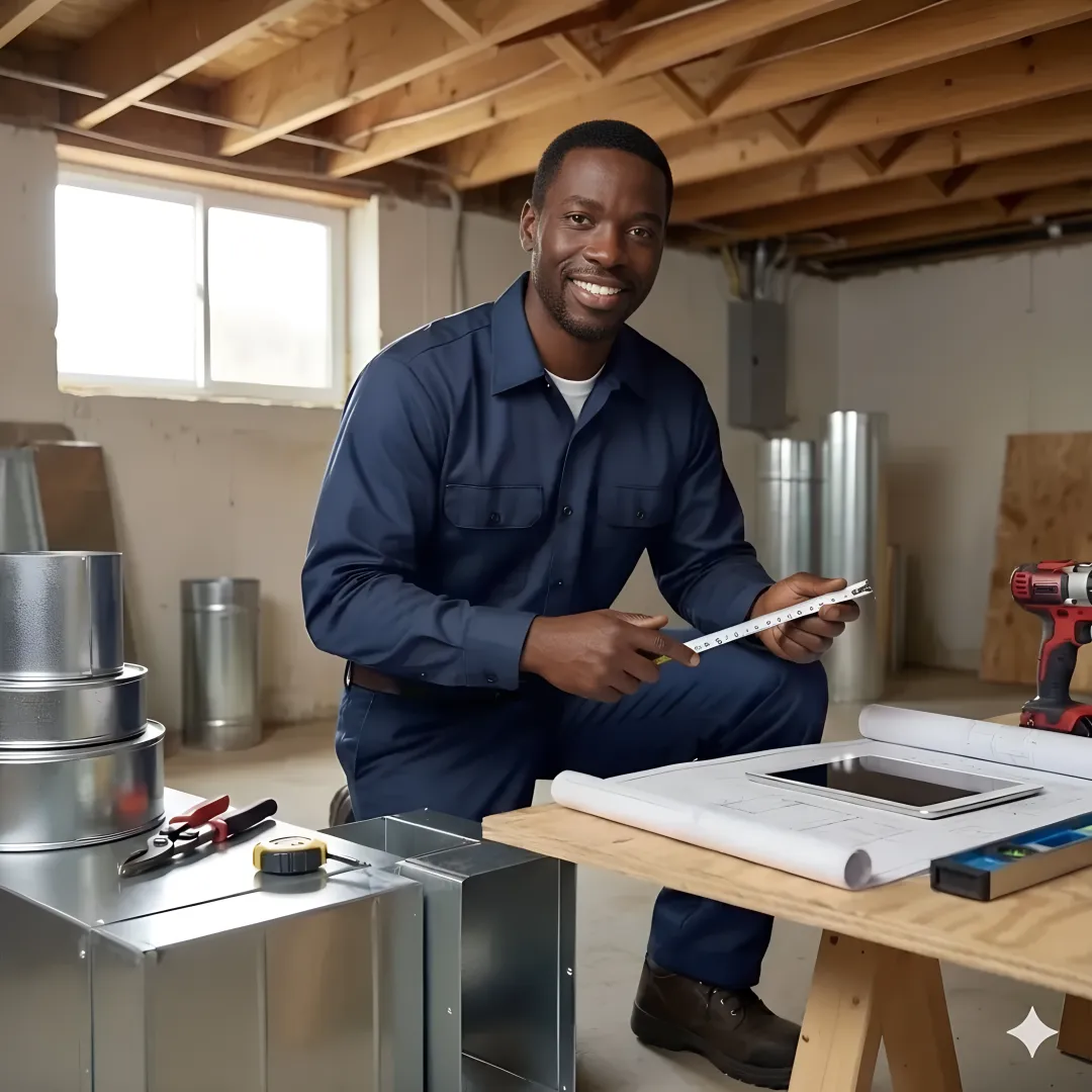 Step-by-step ductwork installation process showing measurement and planning stages