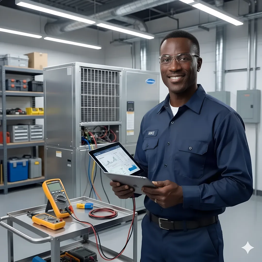 HVAC technician testing air conditioning system performance
