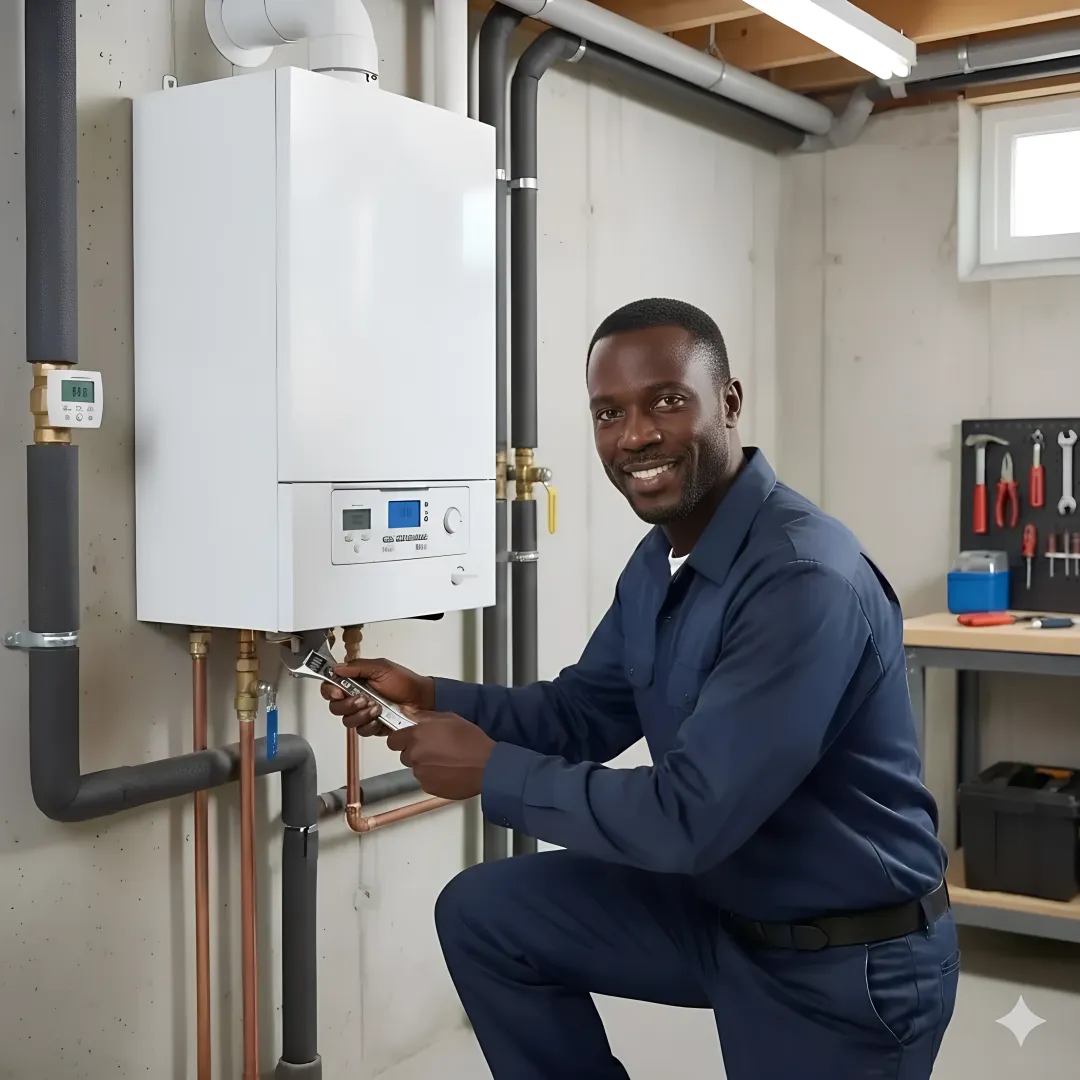 Modern residential boiler installation in progress