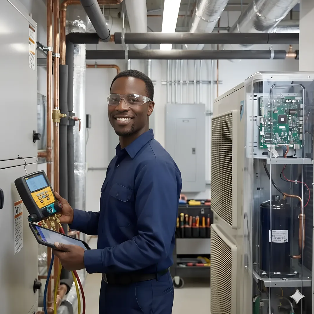 HVAC technician performing detailed AC maintenance and system diagnostics