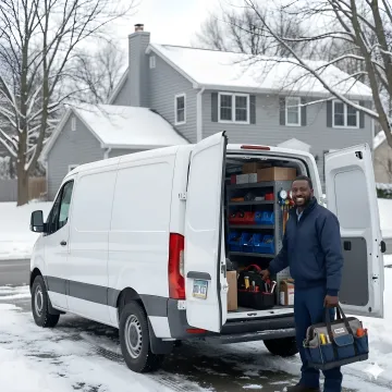 Emergency boiler service van arriving at residential home