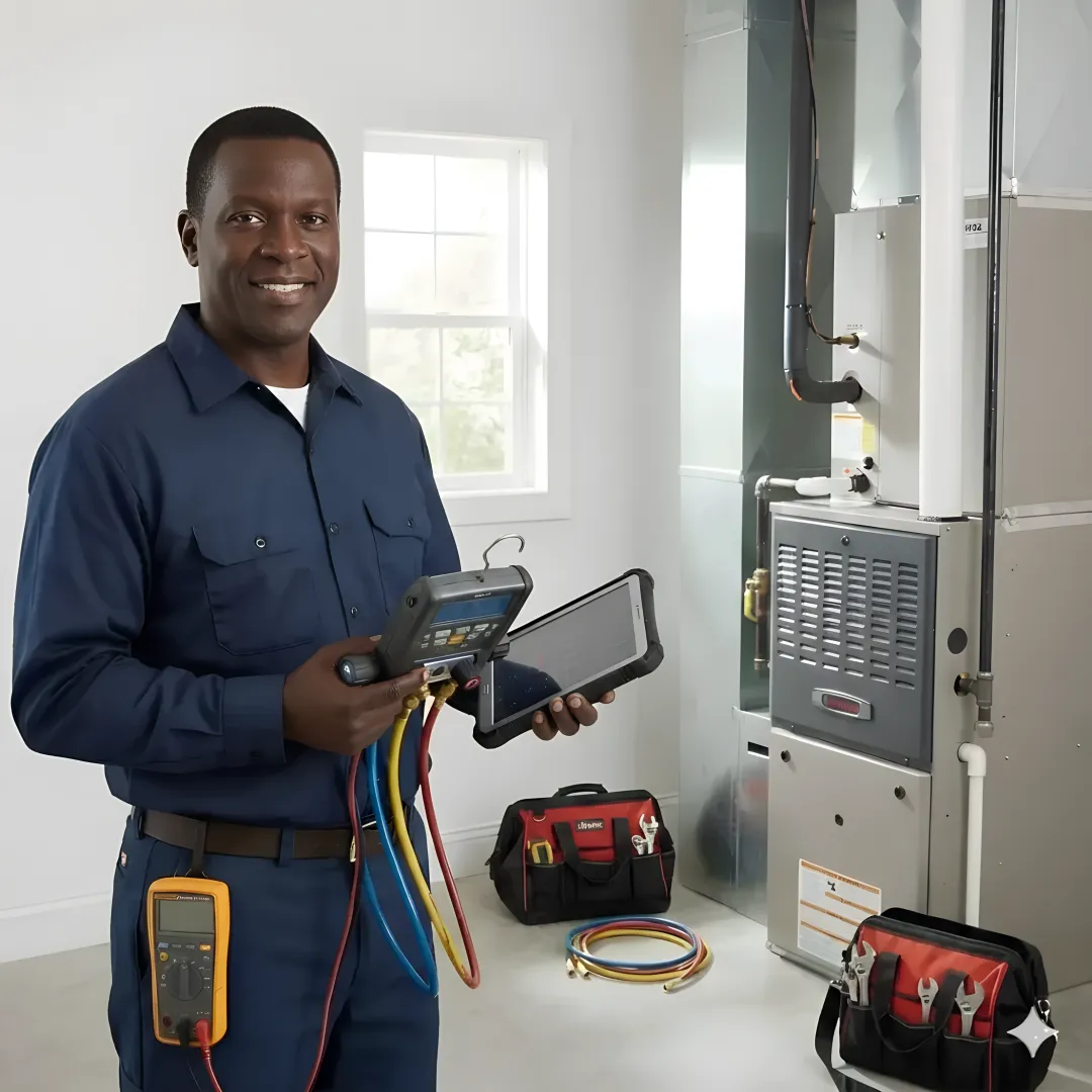 HVAC technician using diagnostic equipment on residential heating system