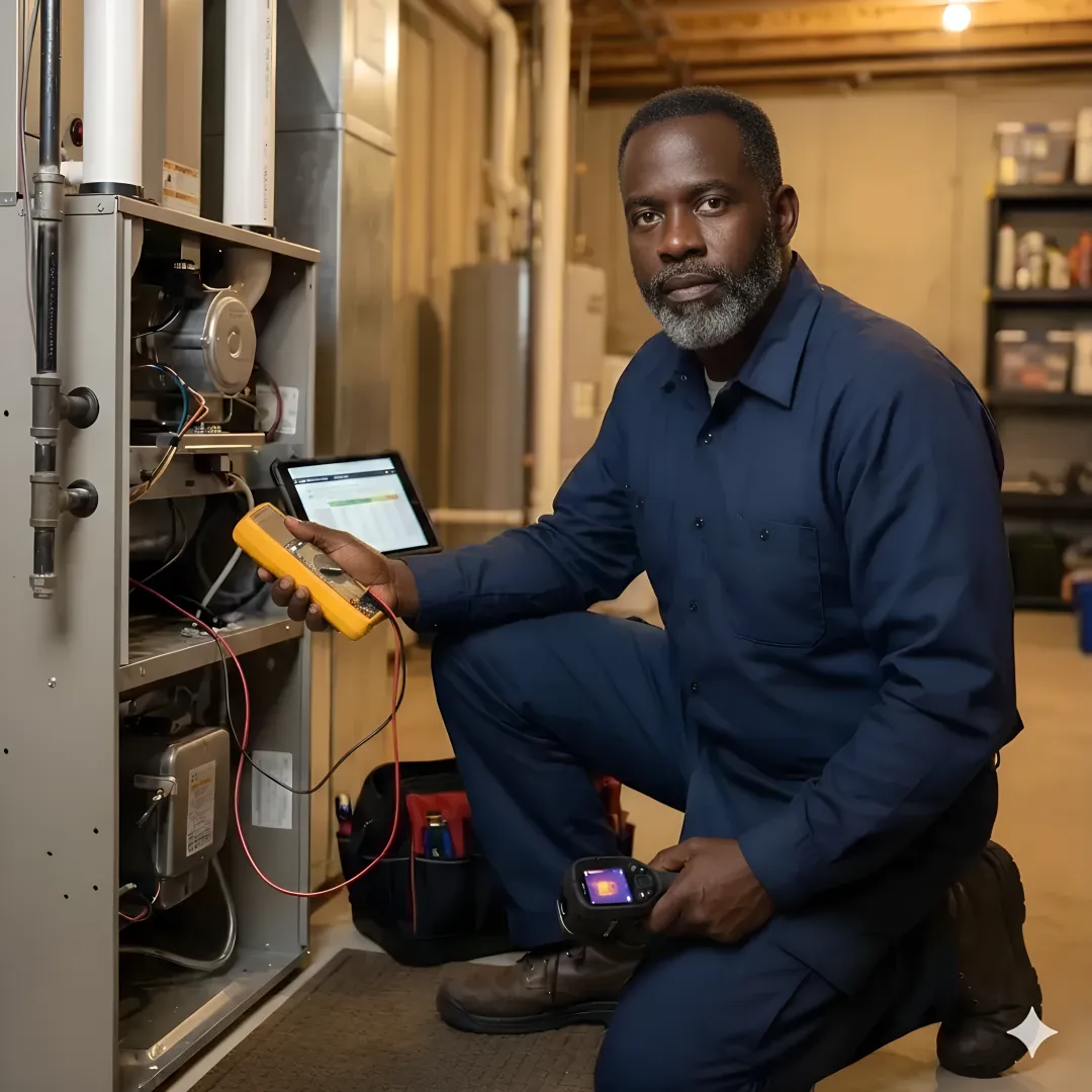 HVAC emergency repair process showing technician diagnosing system