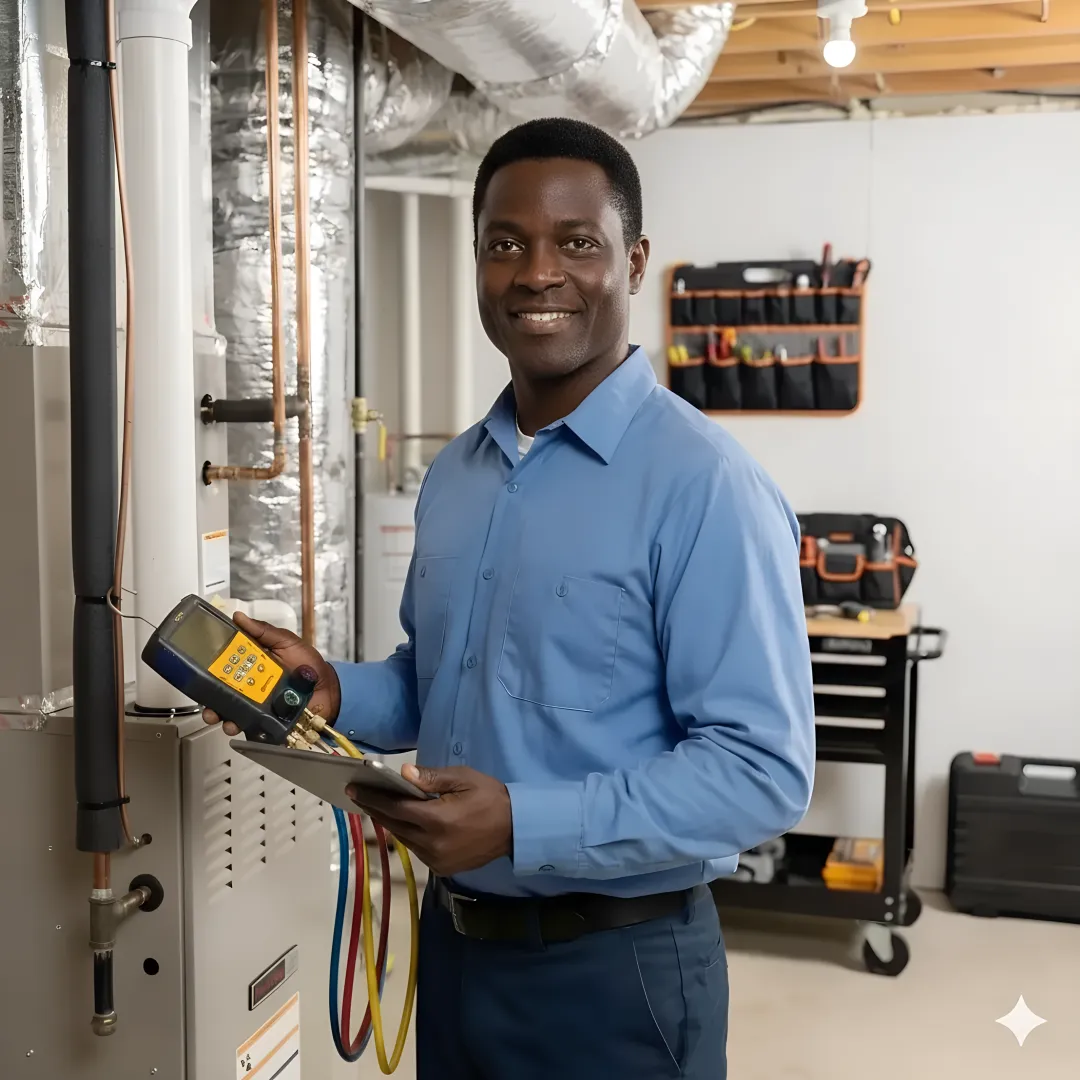 HVAC technician performing emergency heating system diagnosis with professional tools