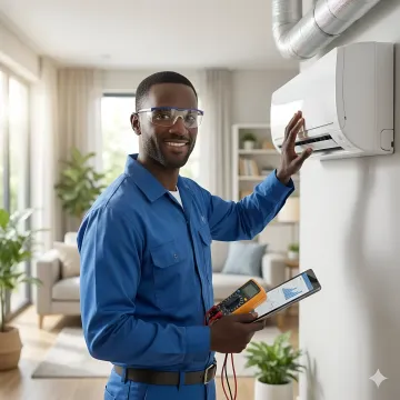 Technician performing diagnostic check on residential AC system