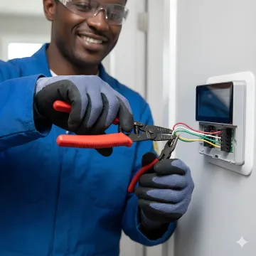 Close-up of technician's hands repairing thermostat wiring