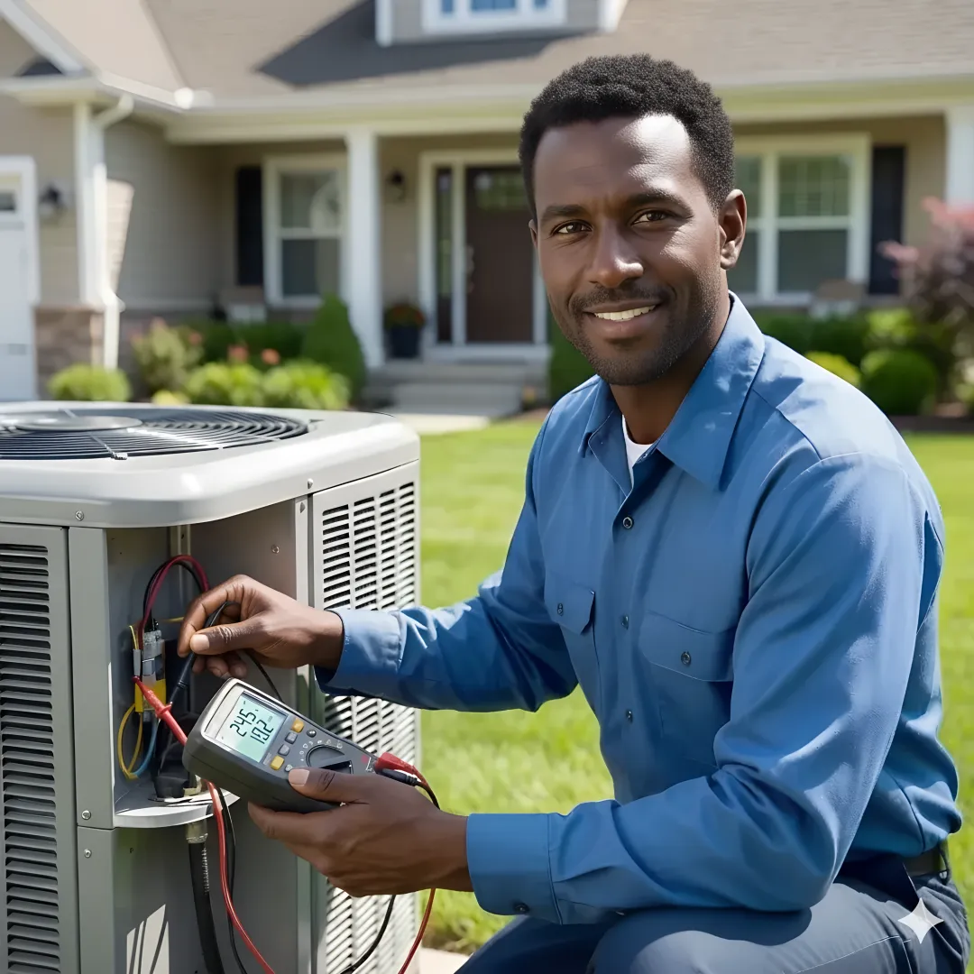 HVAC technician performing emergency AC system diagnostic and repair work
