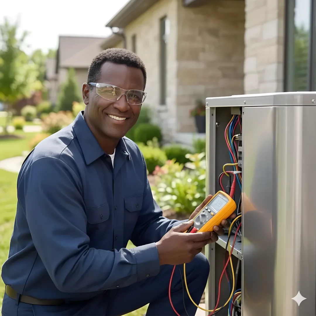 Heat pump technician using diagnostic equipment on residential system