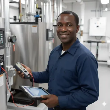 Technician inspecting boiler components during repair service