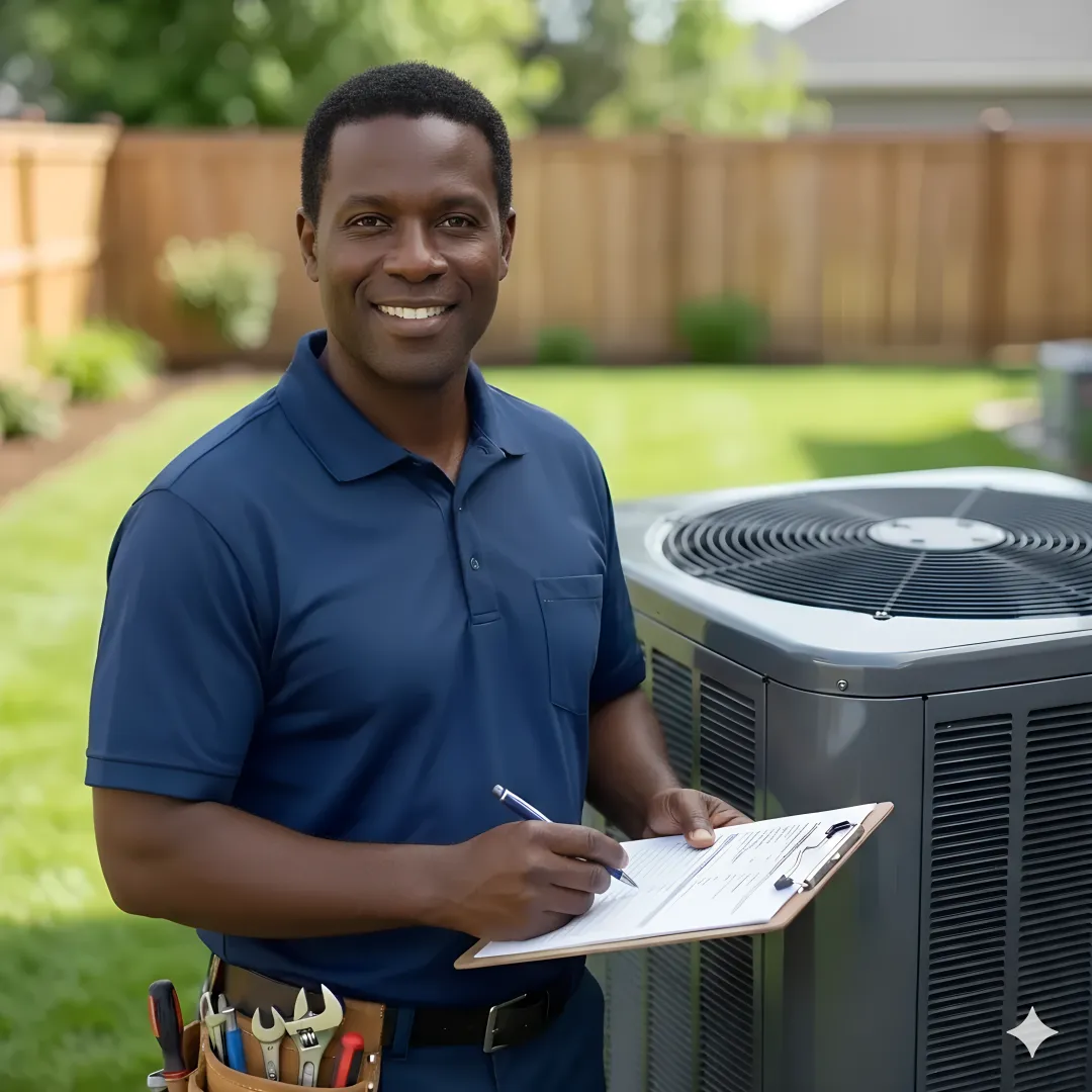 HVAC technician inspecting heat pump components during maintenance service