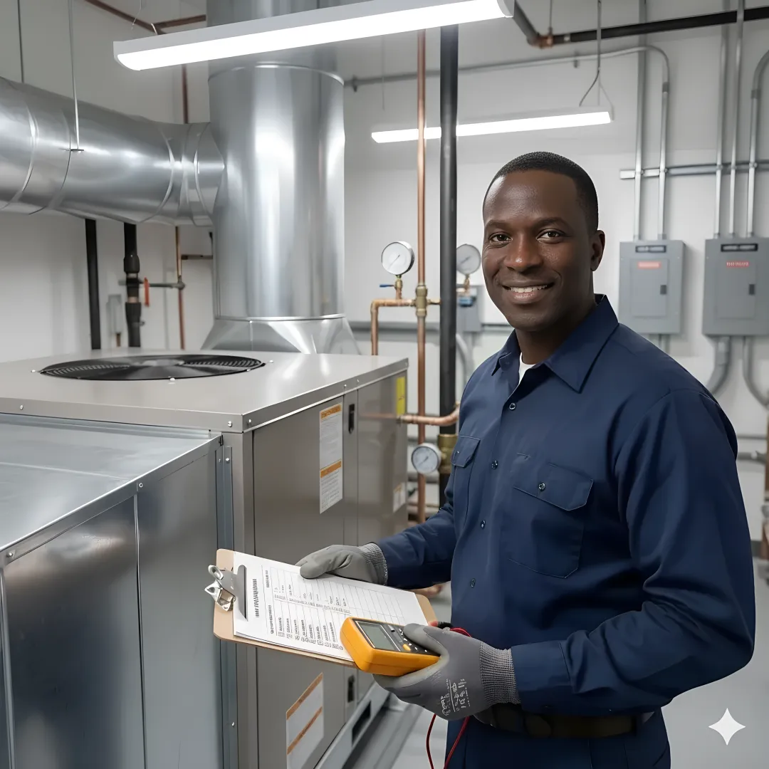 HVAC technician using diagnostic tools on commercial heating system