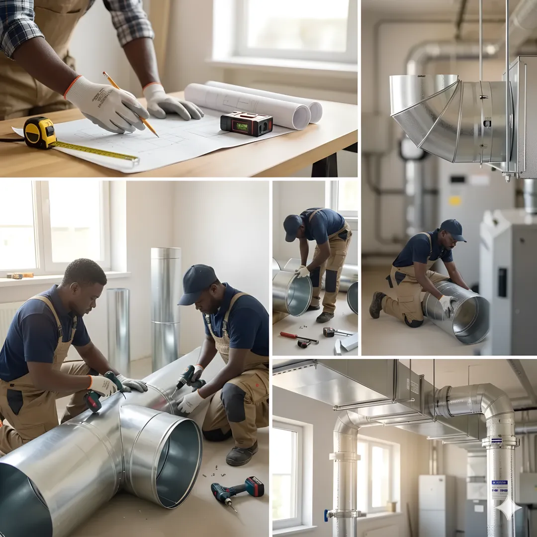 Step-by-step ductwork installation process showing design, materials, and installation phases
