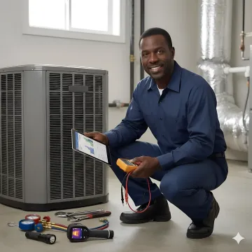 HVAC technician diagnosing central air conditioning system with diagnostic equipment
