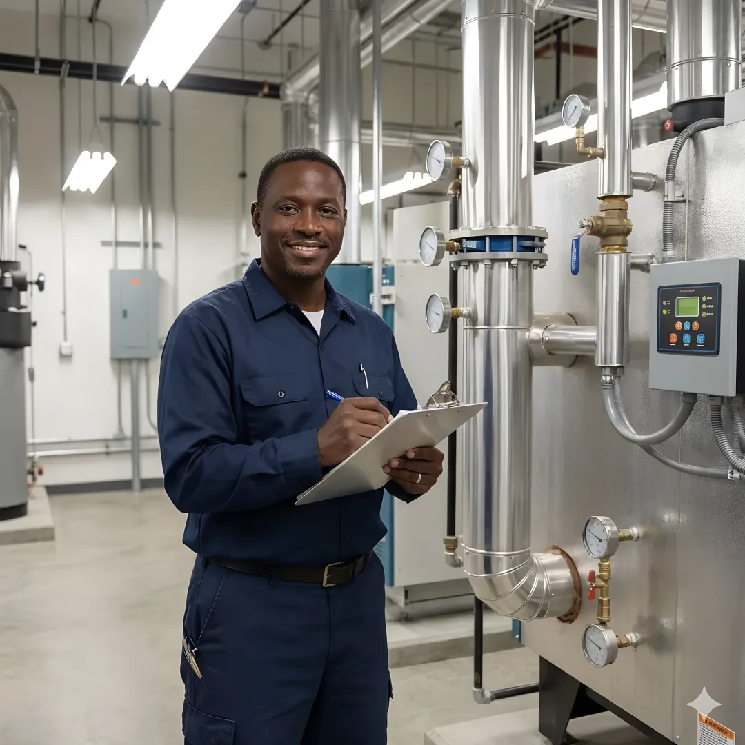 Technician documenting commercial boiler maintenance checklist