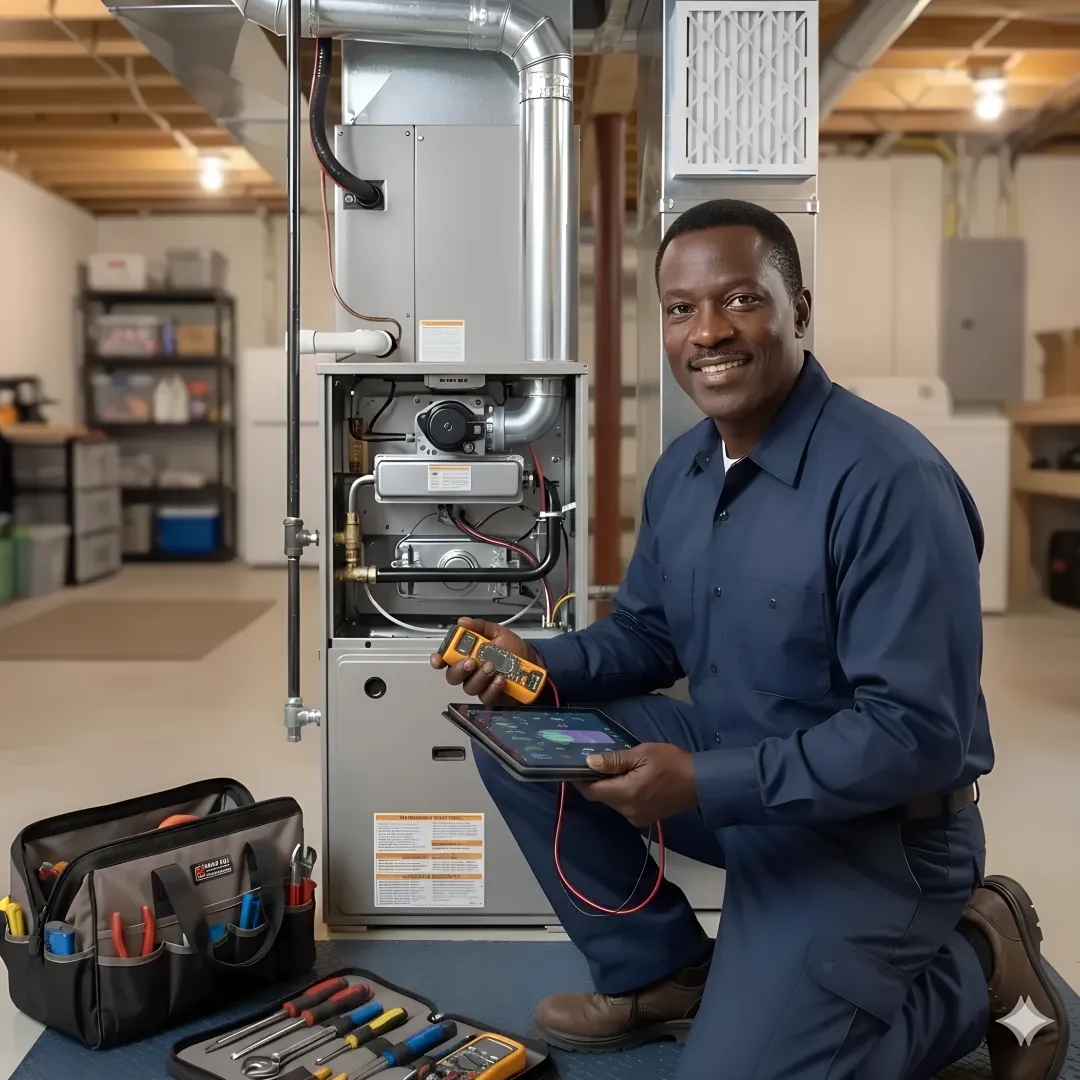 Step-by-step furnace maintenance process showing technician inspection and service