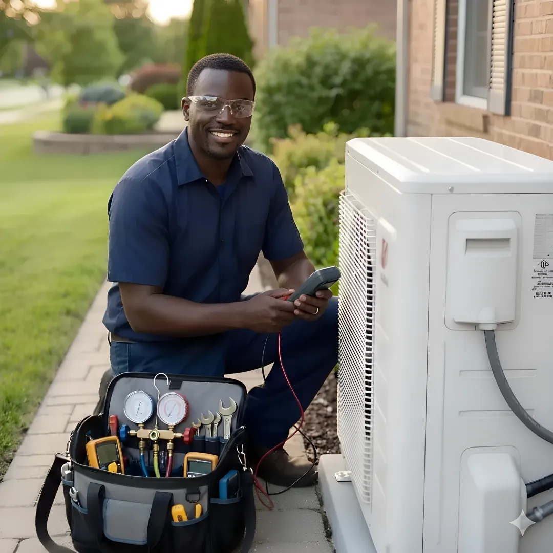 Residential AC unit being serviced by professional technician