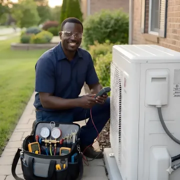Residential AC unit being serviced by professional technician