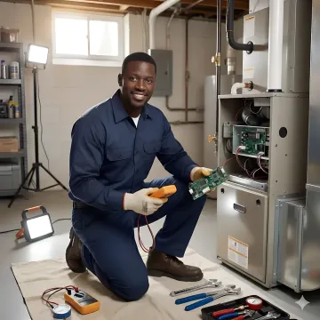 Furnace repair technician replacing furnace parts