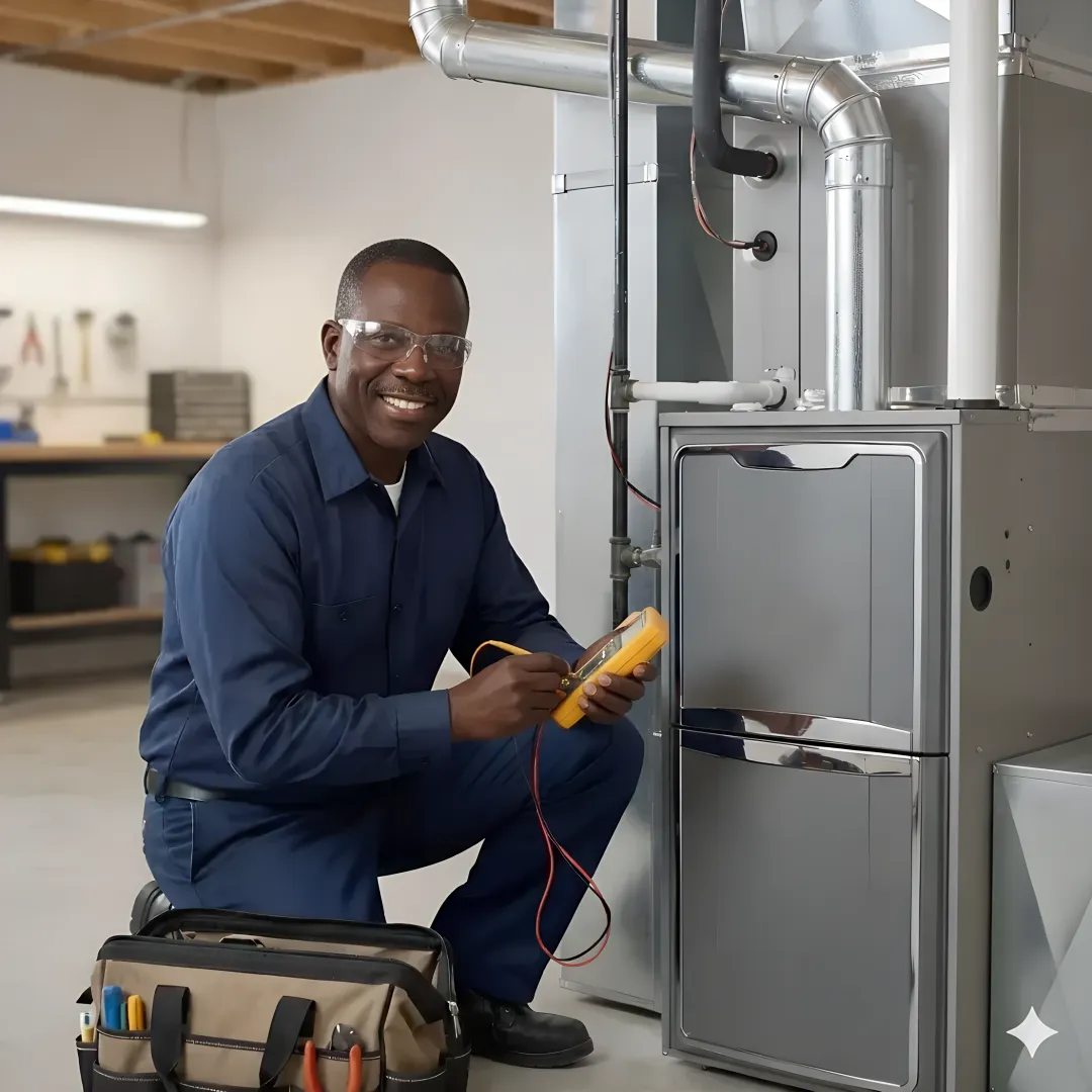 HVAC technician performing detailed system maintenance check