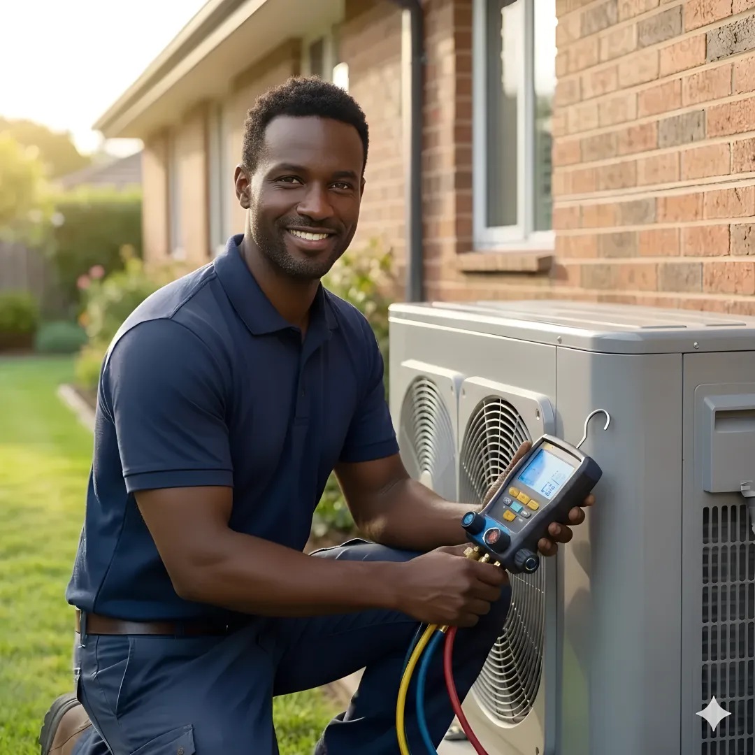 HVAC technician testing repaired heat pump system with digital multimeter