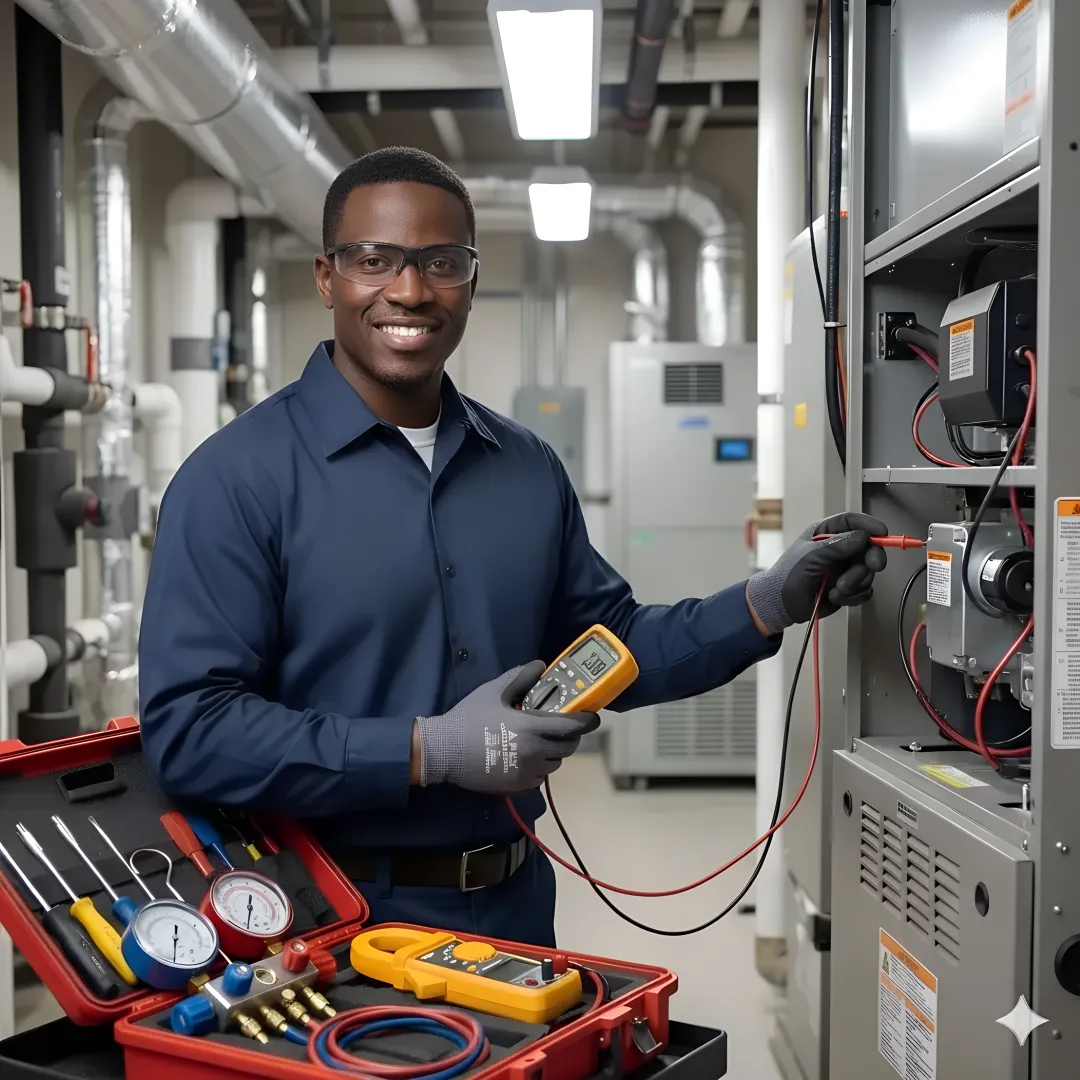 HVAC technician performing diagnostic testing on residential heating and cooling system