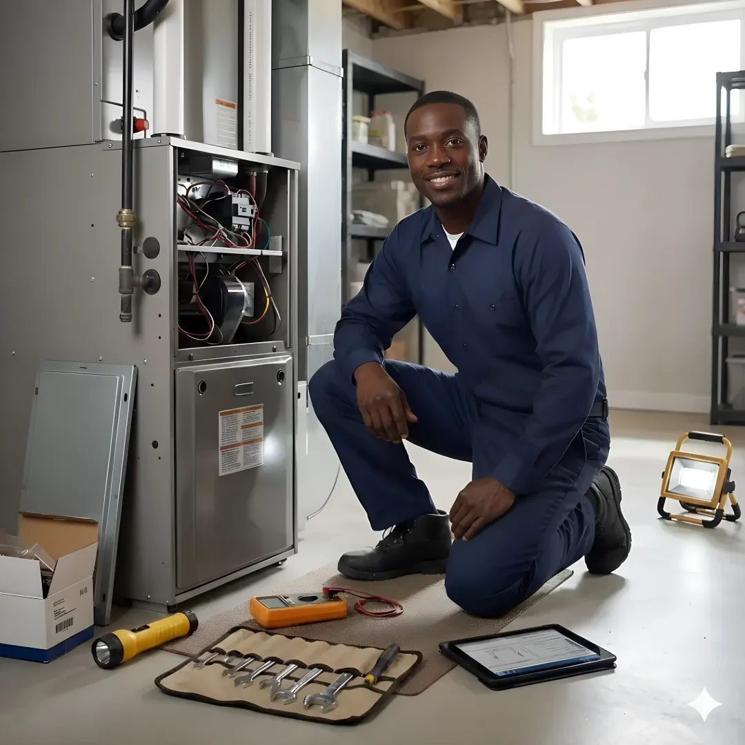Step-by-step furnace repair process illustration
