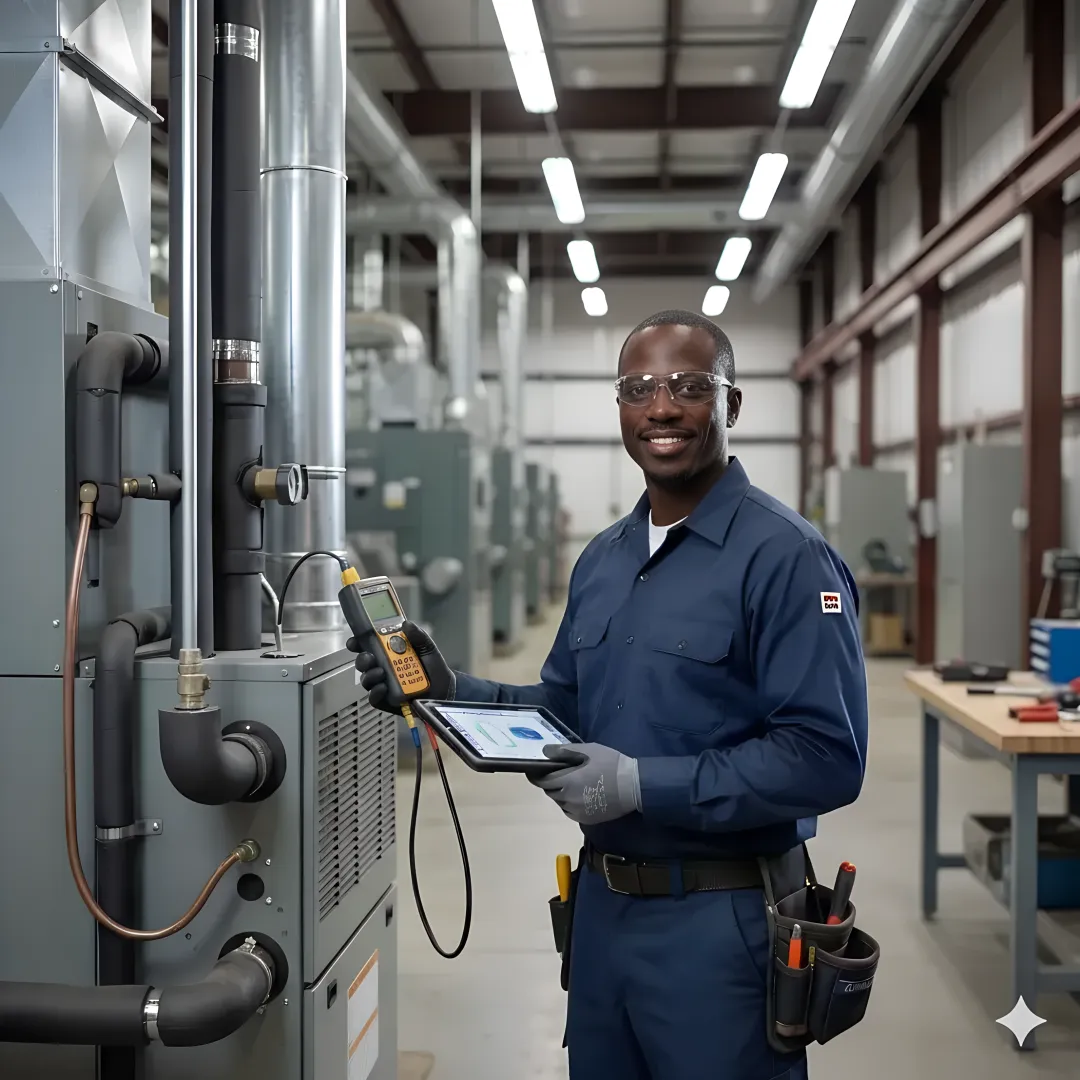 Commercial heating maintenance process showing technician performing system diagnostics
