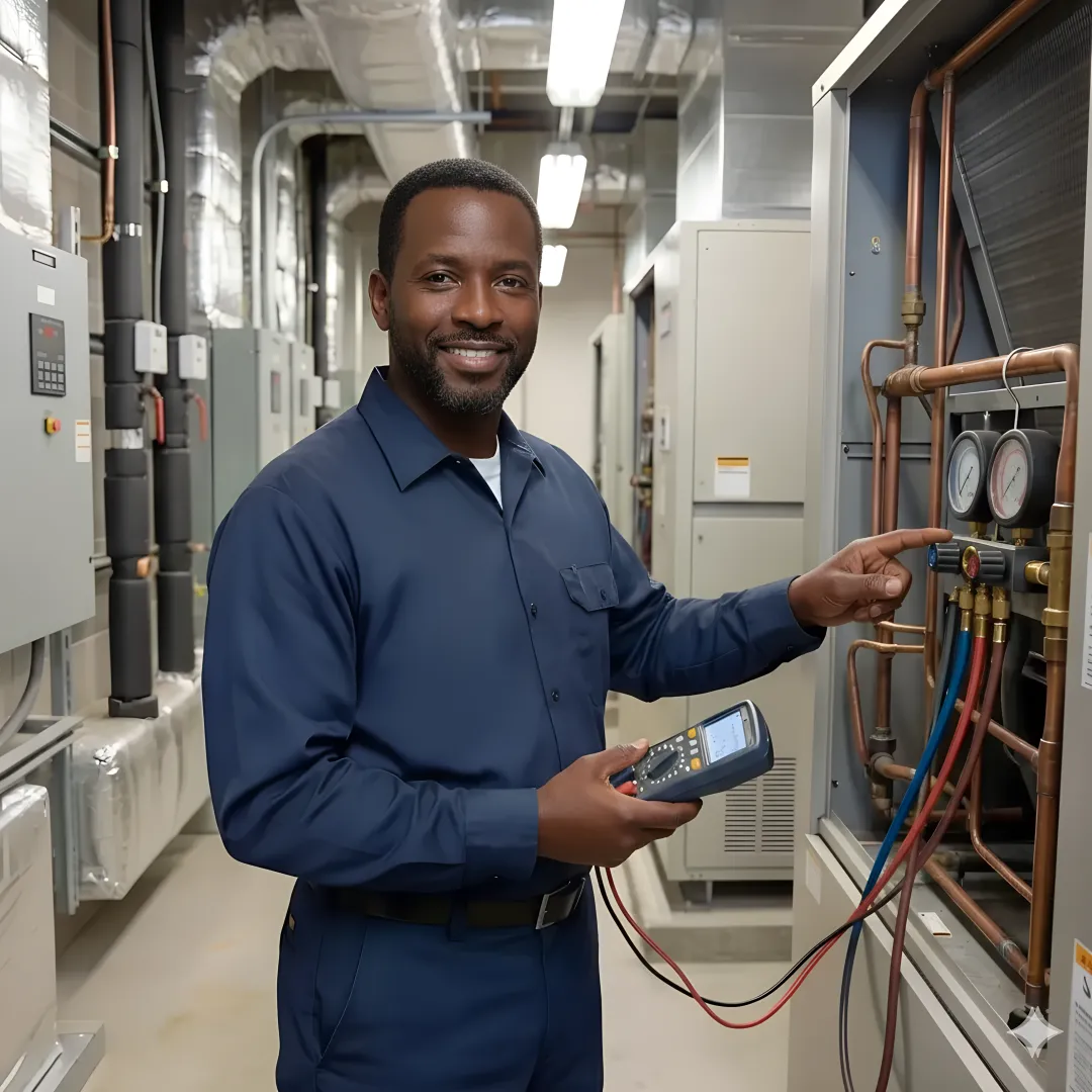 HVAC technician testing commercial AC system performance