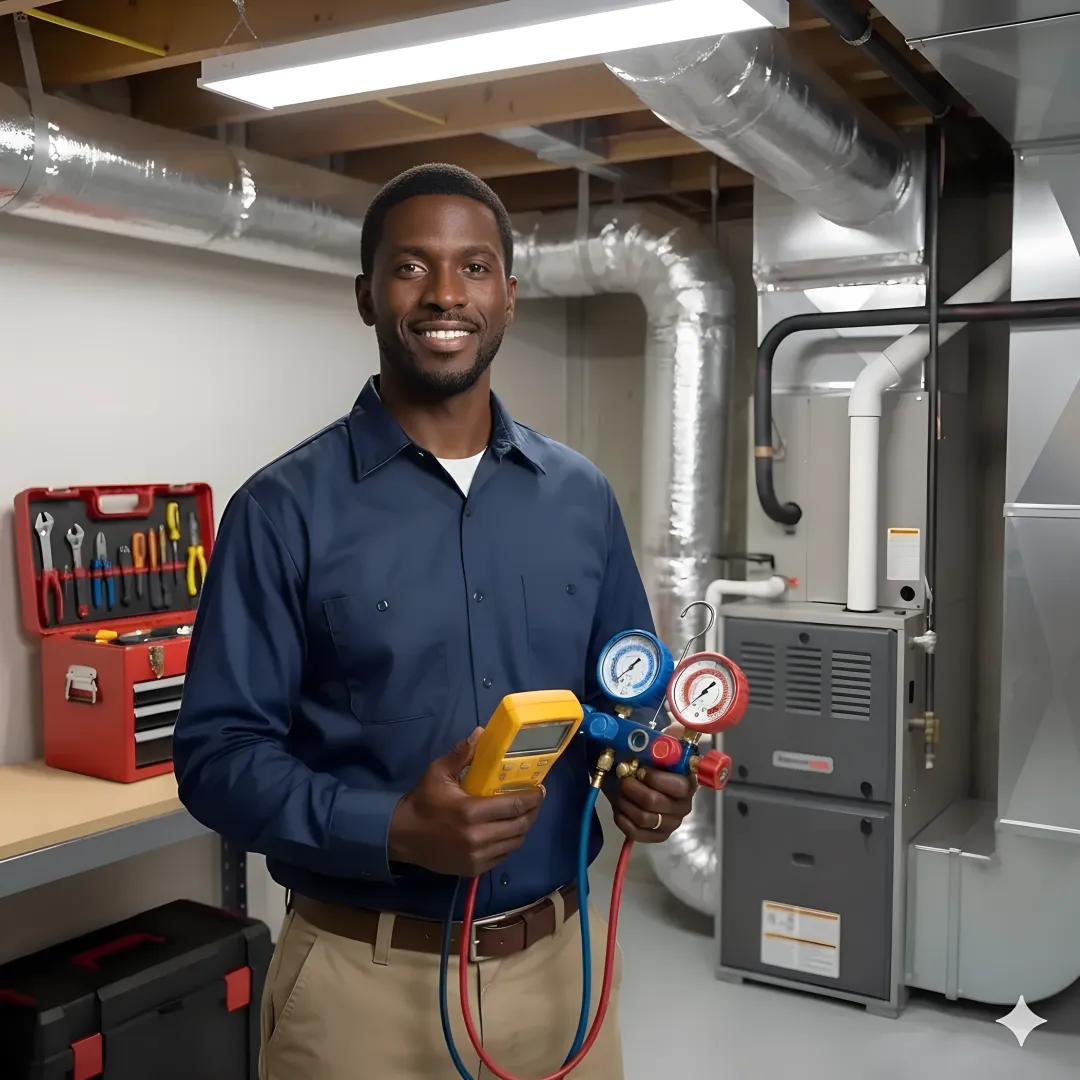 Step-by-step furnace repair process showing technician diagnosis and repair work