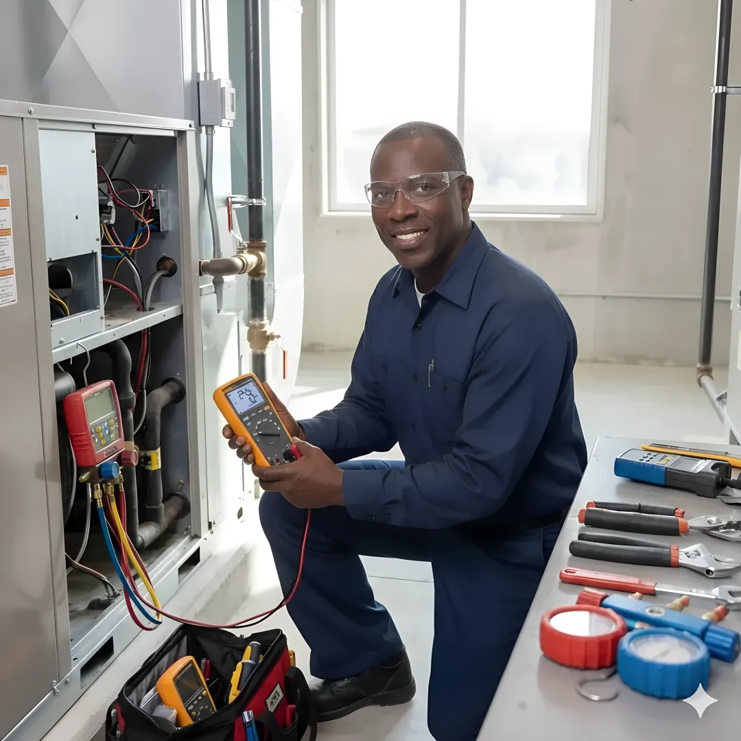 HVAC repair technician diagnosing heating system problem