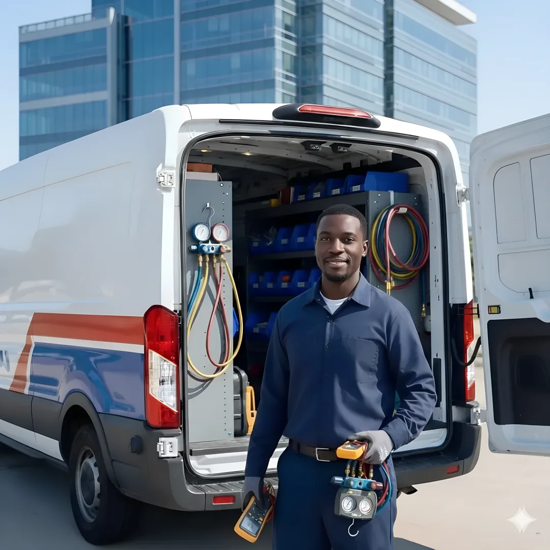 Emergency commercial AC repair technician responding to urgent service call