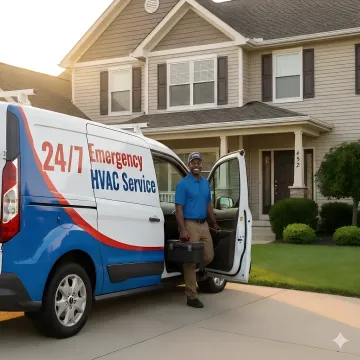 HVAC emergency service truck arriving at residential home