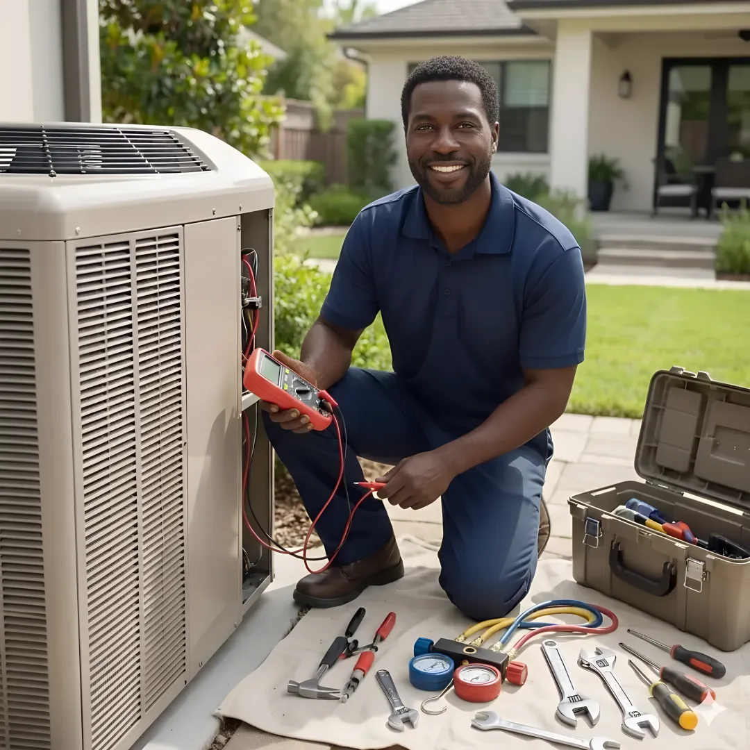 HVAC technician performing emergency AC repair process