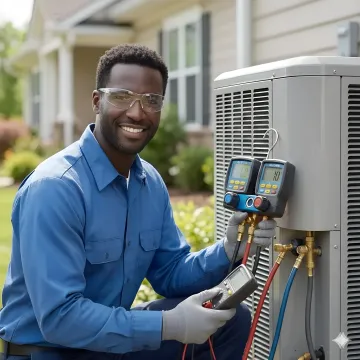 Technician performing air conditioning repair with diagnostic tools