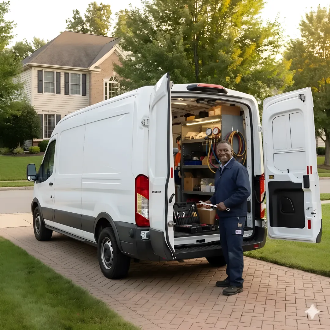 Emergency heating repair service truck arriving at White Plains residence