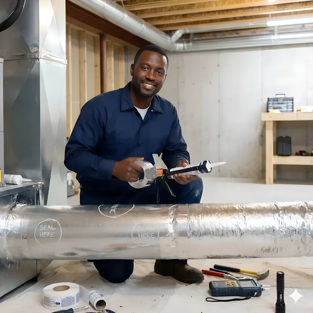 HVAC technician performing duct repair process with professional tools