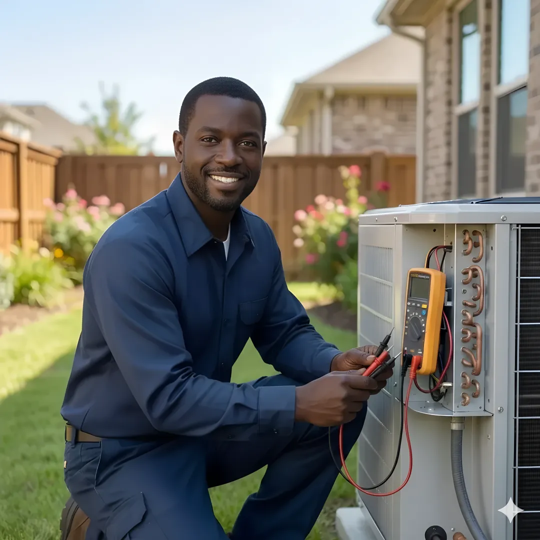 HVAC technician testing repaired air conditioning system