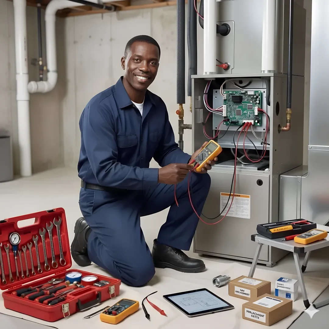 Emergency heating repair process showing technician diagnosis and repair work