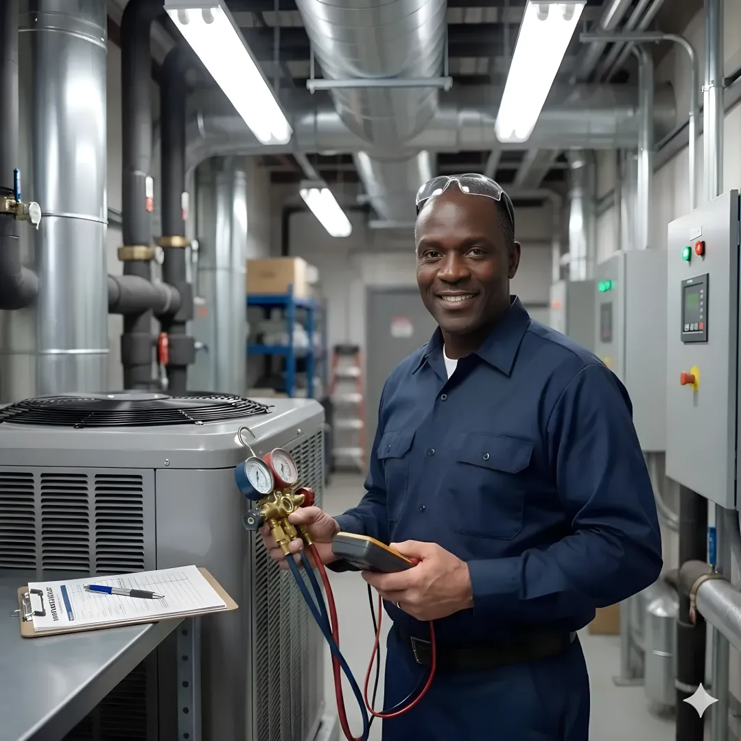 HVAC technician diagnosing commercial system with diagnostic equipment