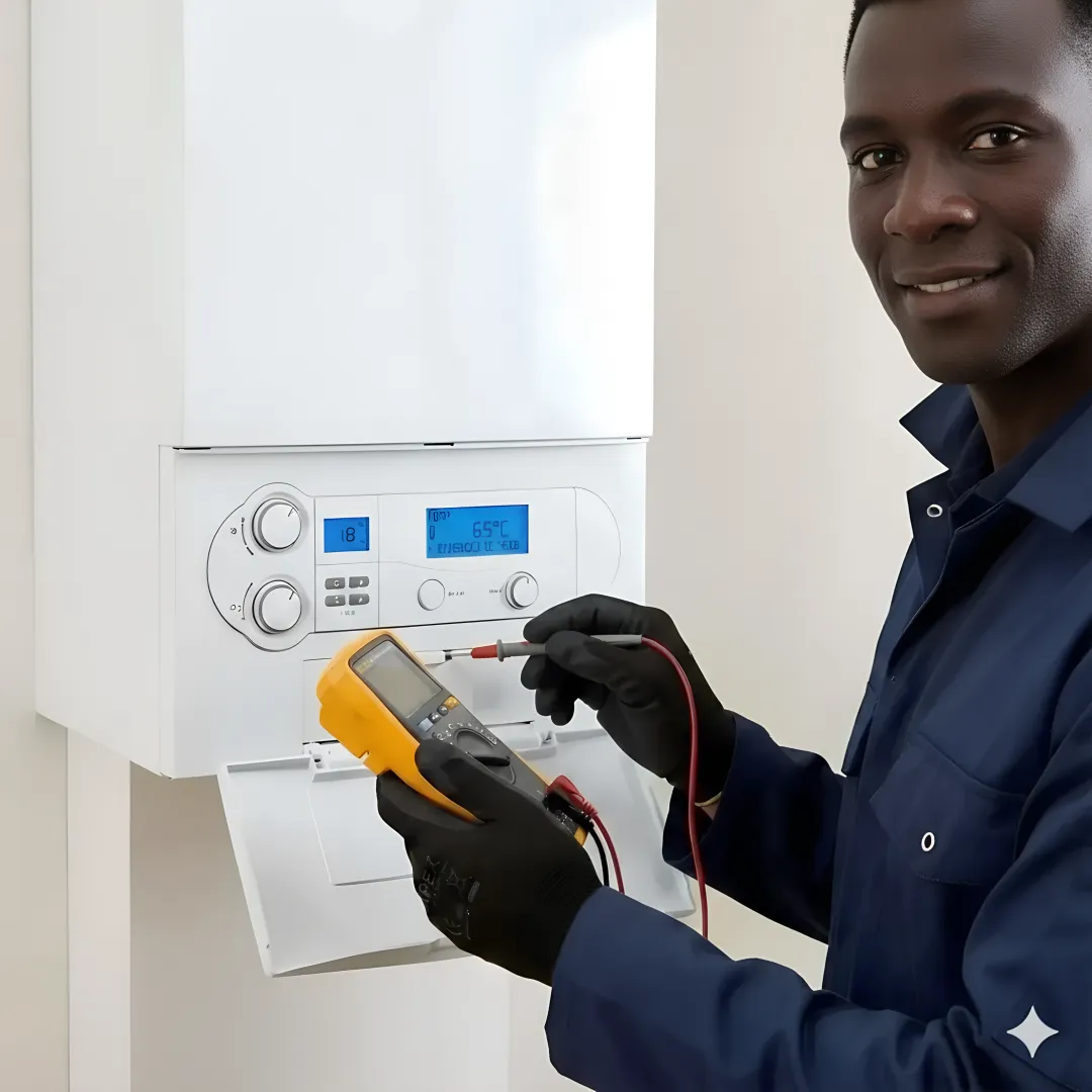 Gas boiler system being serviced by professional technician