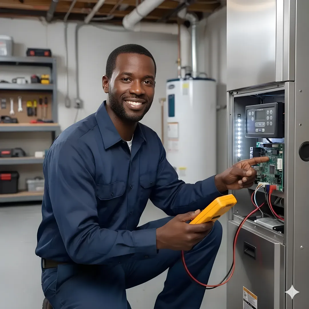 Technician testing electric furnace after repair completion