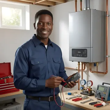 Technician performing detailed boiler system inspection and repair work