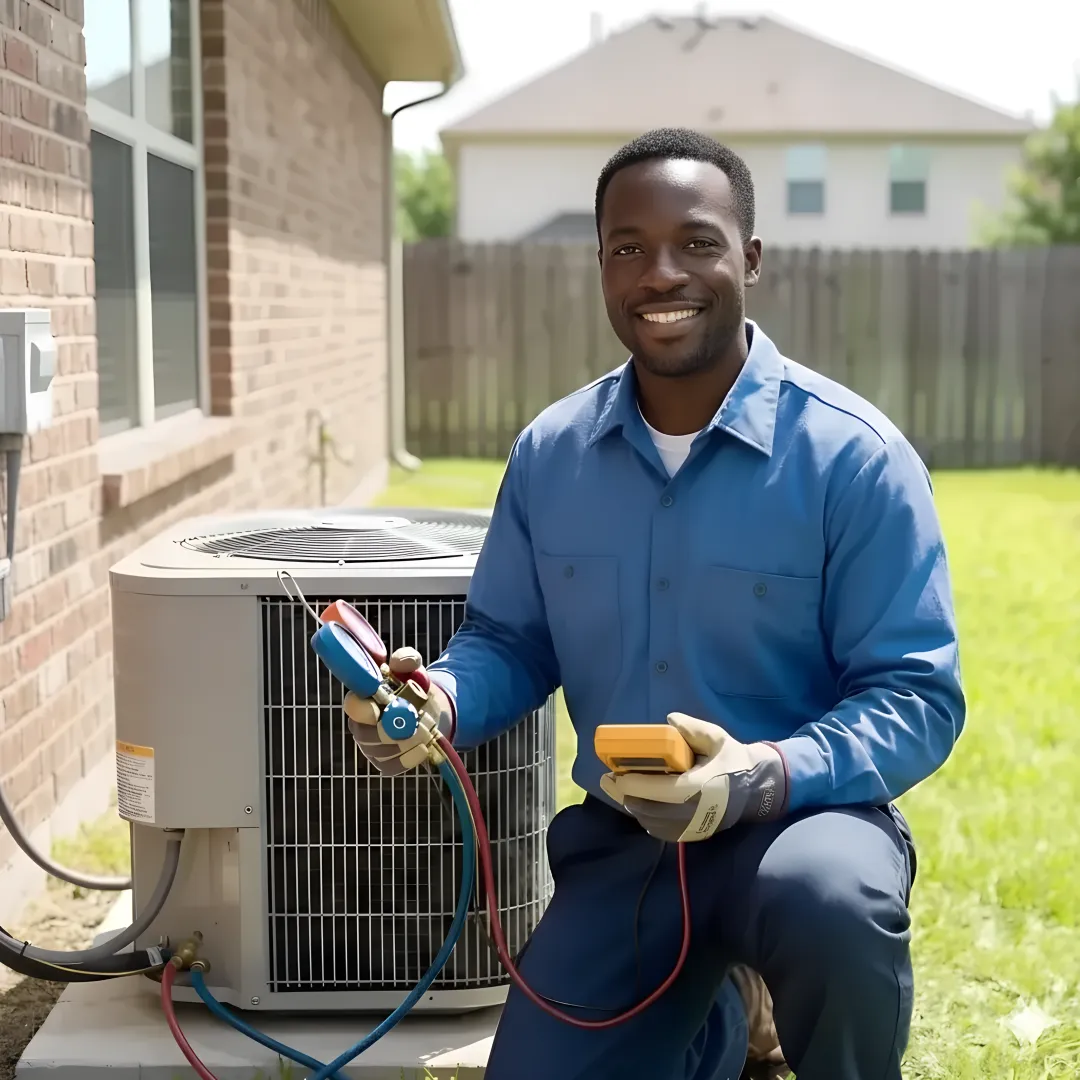 Step-by-step AC repair process showing technician working on air conditioning system
