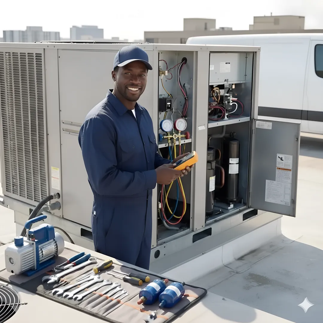 Commercial HVAC technician performing emergency cooling system repair process