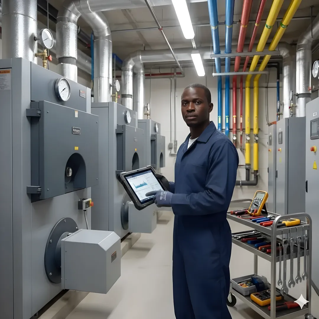 Hospital boiler room with emergency repair equipment and technician