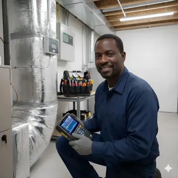 HVAC technician performing diagnostic repair on residential heating system