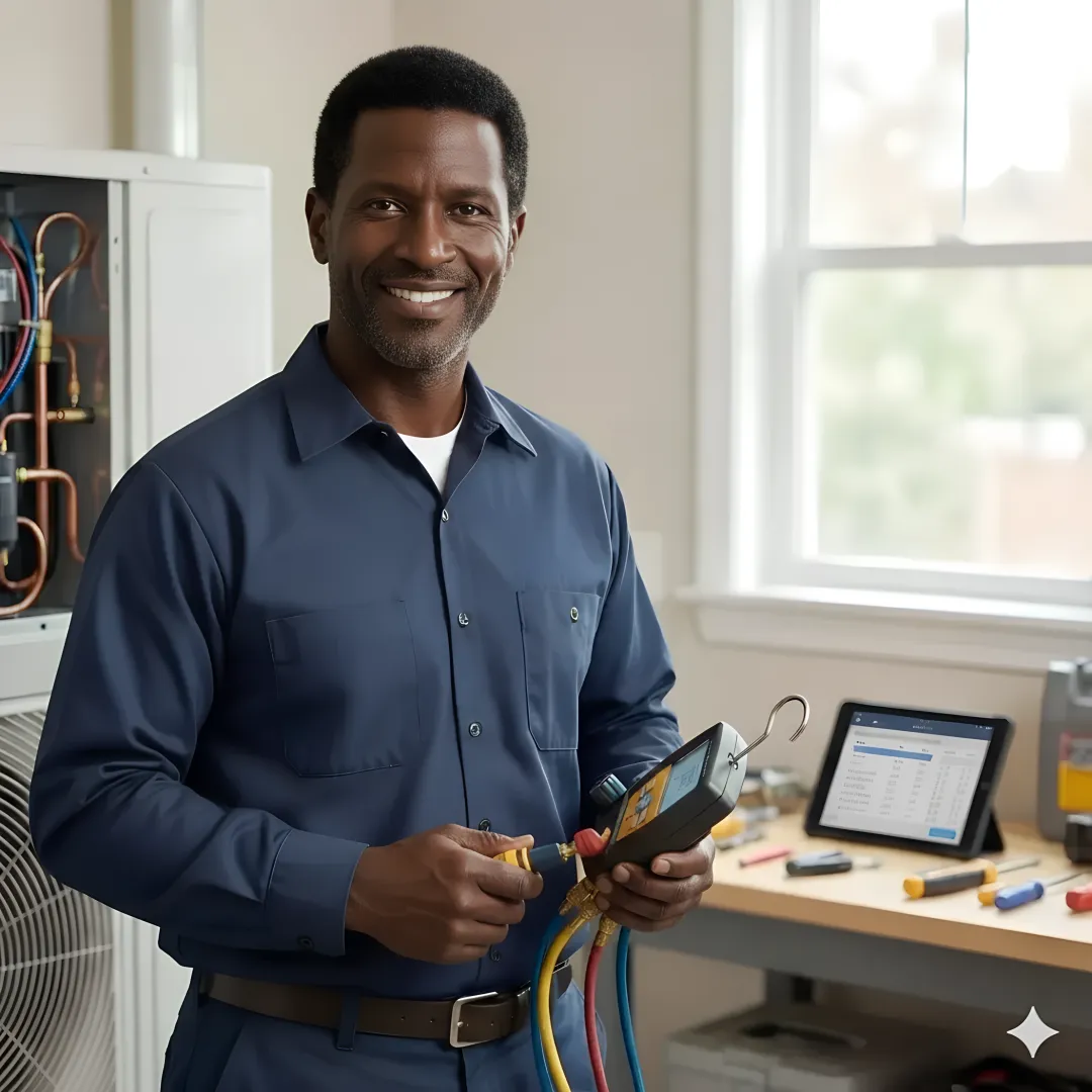 Air conditioning repair technician examining AC unit components